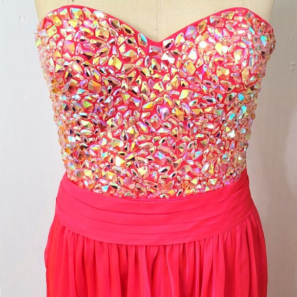 La Femme Fushia Chiffon Gown Prom Dress Jeweled Bodice - Picture 2 of 7